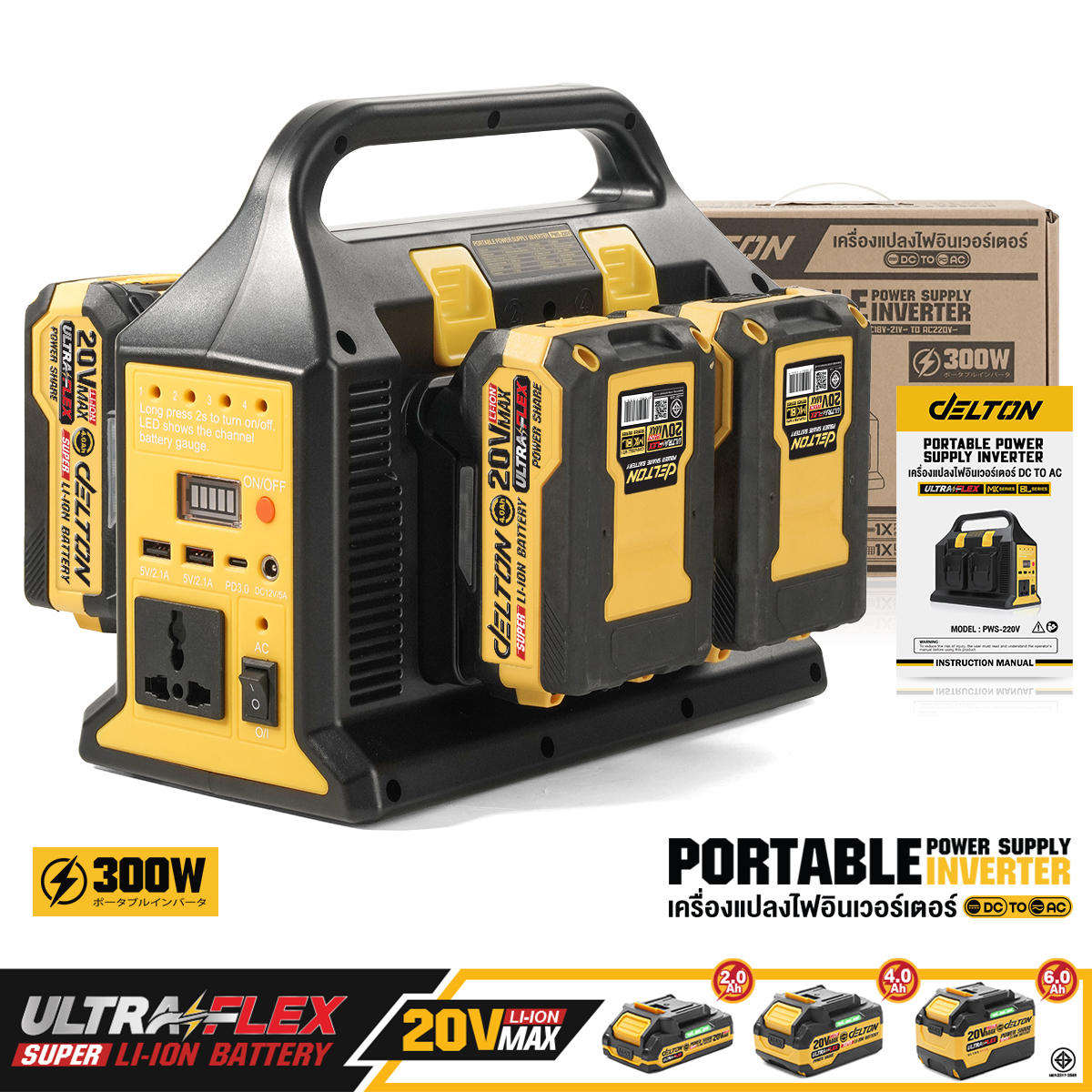 หัวแปลงปลั๊กไฟ (พร้อมแบตเตอรี่) DELTON รุ่น PWS-220V ULTRAFLEX 20V 4AH_11